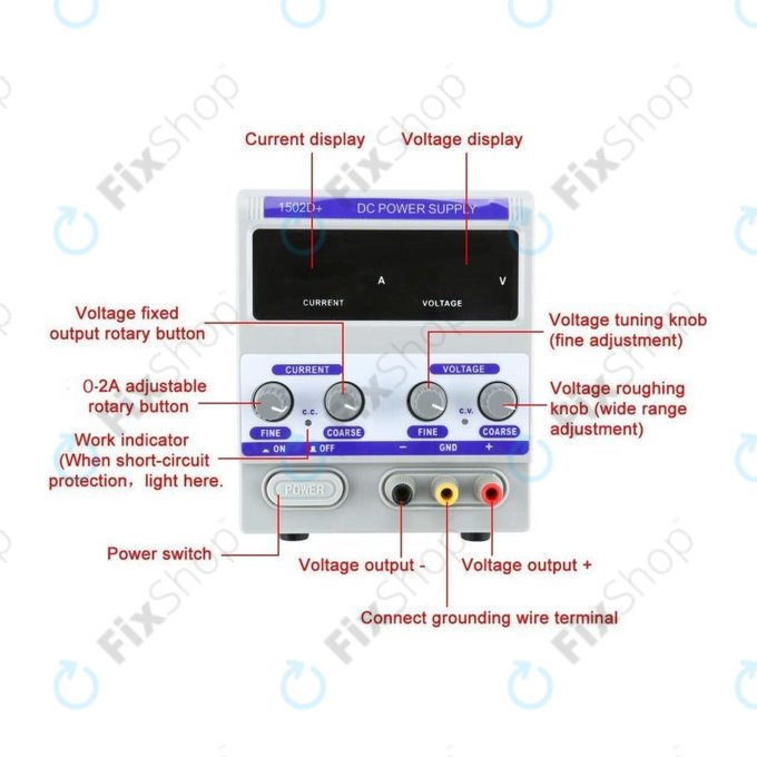 Dingke 1502D+ - Alimentation CC régulée pour test de réparation de téléphones portables (0-15 V, 0-2 A, 230 V EU)