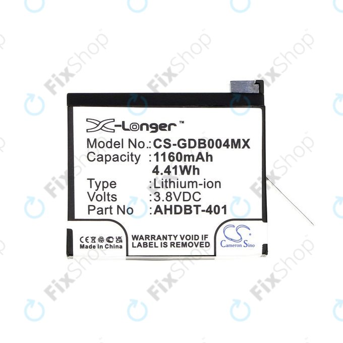 Batterie pour GoPro Hero 4, 1160mAh, Li-Ion, 3.8V, AHDBT-401, HQ