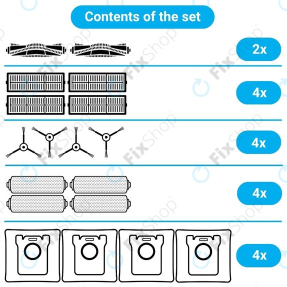 Kit de pièces de rechange pour Ecovacs Deebot X11 Pro, X11 (2x Brosse principale, 4x Filtre, 4x Brosse latérale, 4x Chiffon de vadrouille, 4x Sac à poussière)
