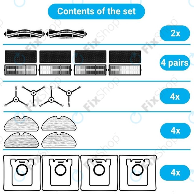 Kit de pièces de rechange pour Xiaomi Viomi S9, Proscenic M7 Pro, M7 Max, M8 Pro (2x Brosse principale, 4x Filtre, 4x Brosse latérale, 4x Chiffon de vadrouille, 4x Sacs à poussière)