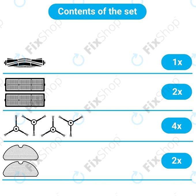 Kit de pièces de rechange pour Tesla IQ400, IQ400 Plus, Sencor 6485BK (1x Brosse principale, 2x Filtre, 4x Brosse latérale, 2x Chiffon de vadrouille, 2x Sac à poussière)