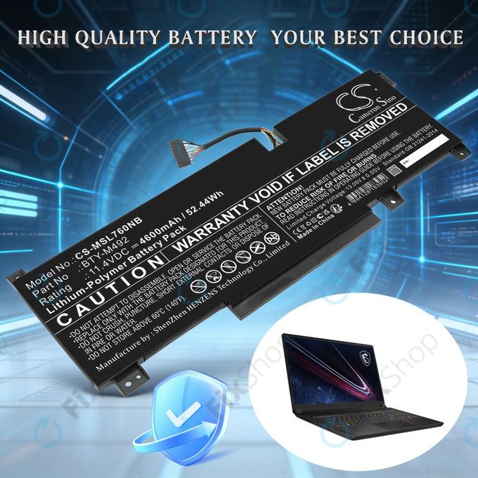 Batterie pour MSI Pulse GL76, Katana GF66, Bravo 15, Crosshair 17, 4600mAh, Li-Pol, 11.4V, BTY-M492, HQ