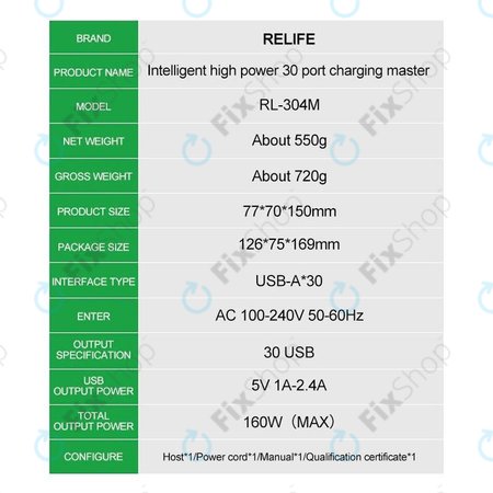 Relife RL-304M - Chargeur USB Smart Service - 30x USB / 160W