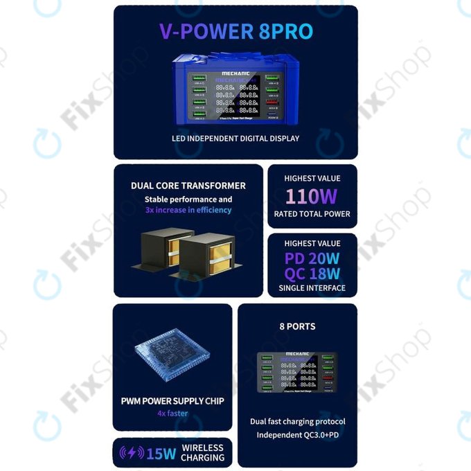 Mechanic V-Power 8 Pro - Station de charge USB avec USB-C, USB 3.0