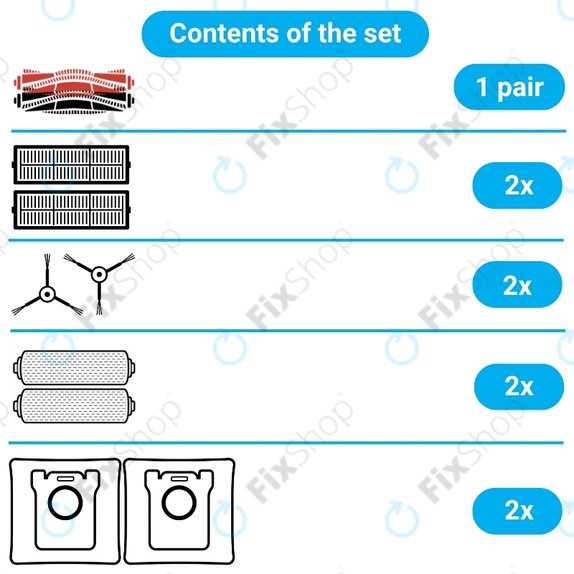 Kit de pièces de rechange pour Dreame Aqua 10, 10 Ultra (1 paire de brosses principales, 2x Filtre, 2x Brosse latérale, 2x Chiffon de vadrouille, 2x Sac à poussière)