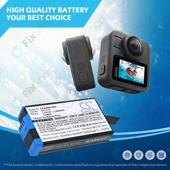Batterie pour GoPro Max, Max 360, Acbat-001, 1400mAh, Li-Ion, 3.85V, SPCC1B, HQ