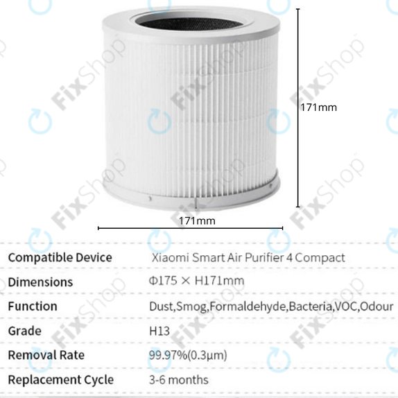 Xiaomi Smart Air Purifier 4 Compact - Filtre HEPA (Charbon actif) (White)