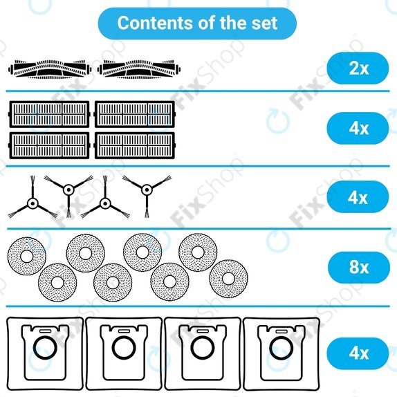 Kit de pièces de rechange pour Xiaomi Dreame L10s Ultra, Xiaomi Dreame L10s Pro (2x Brosse principale, 4x Filtre, 4x Brosse latérale, 8x Chiffon de vadrouille, 4x Sac à poussière)