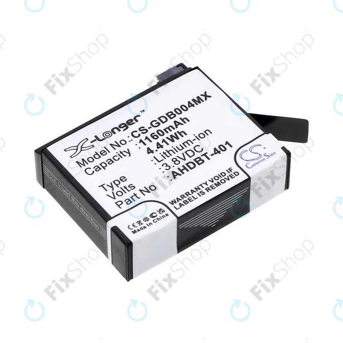Batterie pour GoPro Hero 4, 1160mAh, Li-Ion, 3.8V, AHDBT-401, HQ
