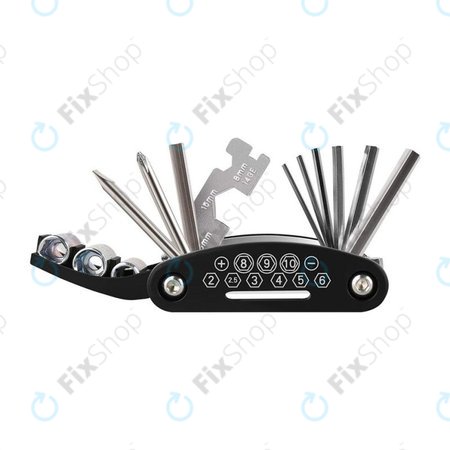 Boîte à outils multifonctionnelle : pompe à air, kit de pneus, clé, pied-de-biche et tournevis 16 en 1.