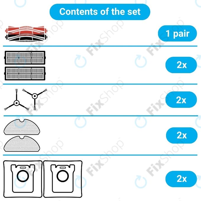 Kit de pièces de rechange pour Xiaomi Roborock S8, S8+, S8 Pro Ultra (1 paire de brosses principales, 2x Filtre, 2x Brosse latérale – noire, 2x Chiffon de vadrouille, 2x Sac à poussière)