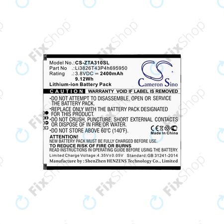 Batterie pour ZTE Blade A3, A5, Optus X Power 2, 2400mAh, Li-Ion, 3.8V, Li3826T43P4h695950, HQ