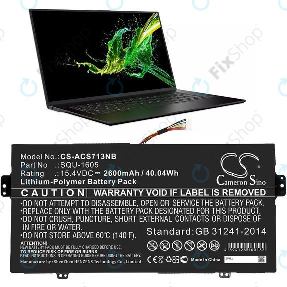 Batterie pour Acer SF713-51, 2600mAh, Li-Pol, 15.4V, SQU-1605, HQ
