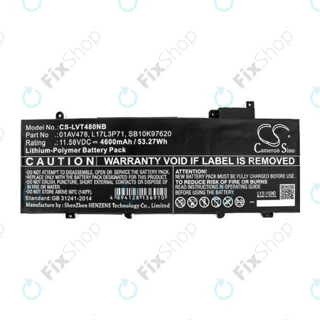 Batterie pour Lenovo ThinkPad T480S, 4600mAh, Li-Pol, 11.58V, 01AV478, HQ
