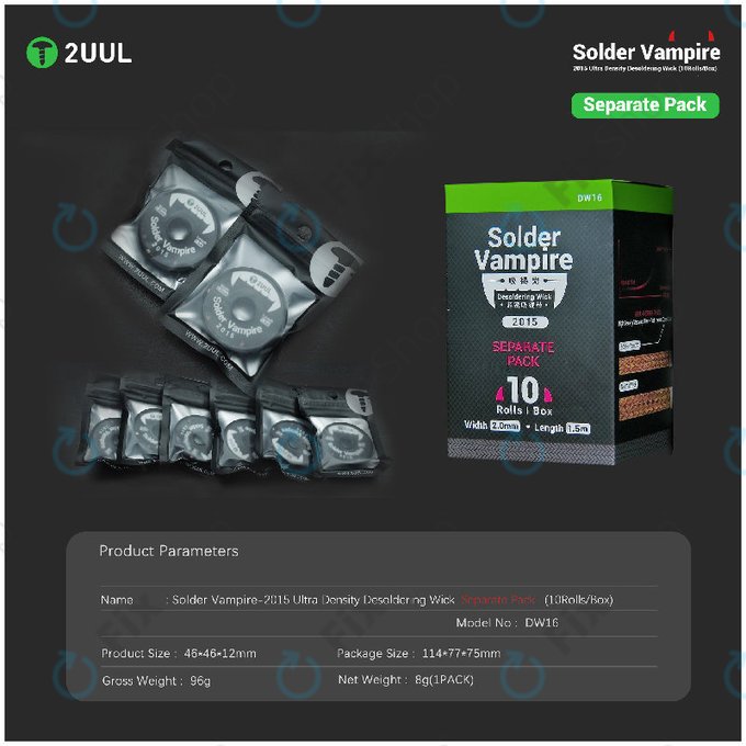 Tresse à dessouder, Solder Vampire, 2UUL DW16, emballage individuel, 10 rouleaux/boîte