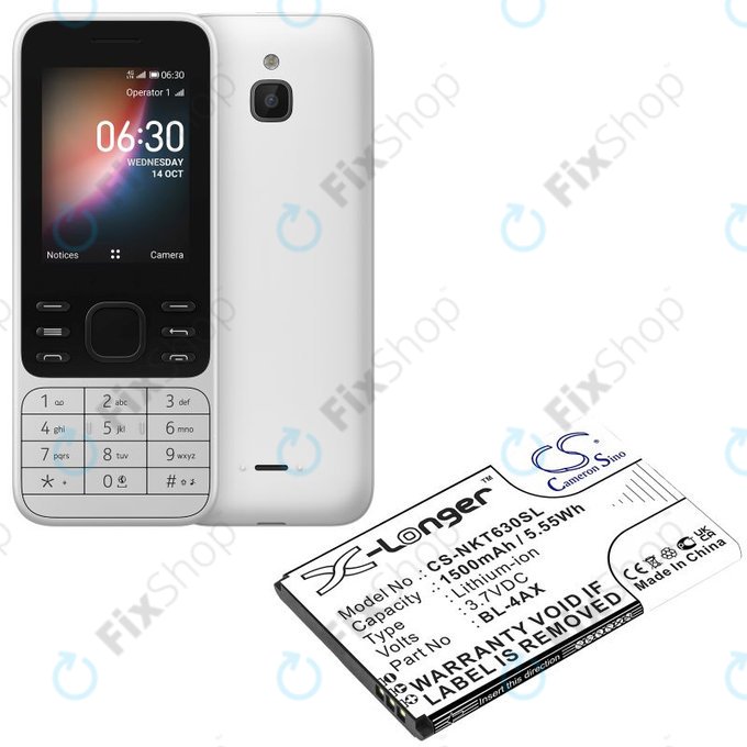Batterie pour Nokia 6300 4G, Nokia 8000 4G, 1500mAh, Li-Ion, 3.7V, BL-4AX, HQ