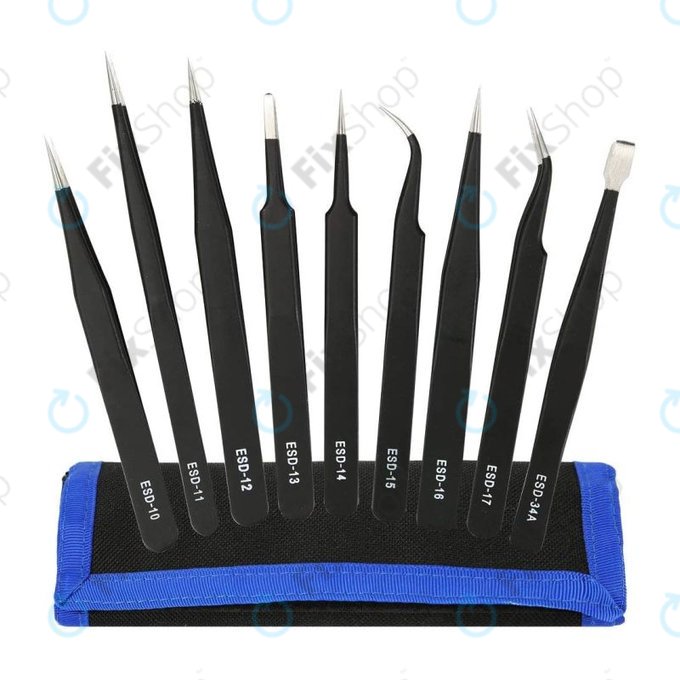 ESD Jeu de pinces à épiler antistatiques en acier inoxydable 9 en 1