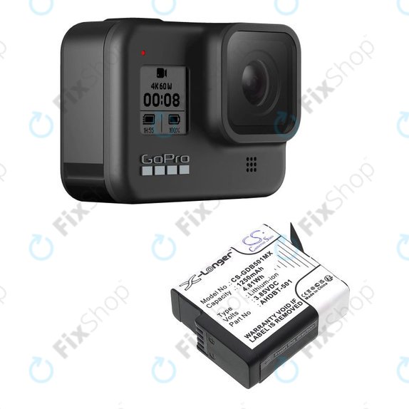 Batterie pour Gopro Hero 8, Hero 6, 1250mAh, Li-Ion, 3.85V, AHDBT-501, HQ