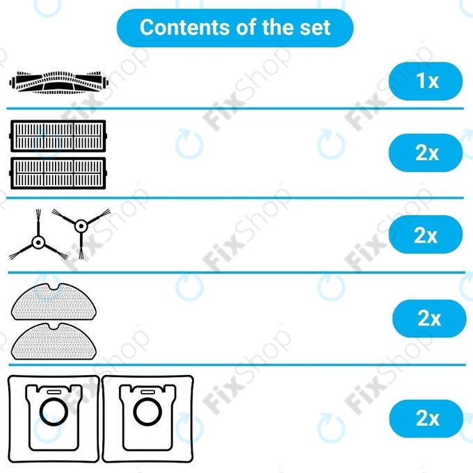 Kit de pièces de rechange pour Xiaomi Viomi Alpha 2 PRO, V5 PRO, V5 (1x Brosse principale, 2x Filtres, 2x Brosses latérales, 2x Lingettes de lavage, 2x Sacs à poussière)