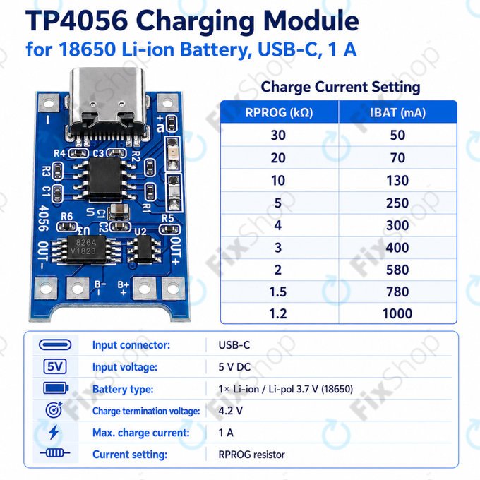 Module de charge TP4056 pour batterie Li-ion 18650, USB-C, 1 A