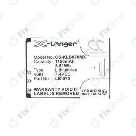 Batterie pour Kodak PIXPRO S1, AZ651, AZ652, AZ901, 1150mAh, Li-Ion, 7.4V, LB-070, HQ