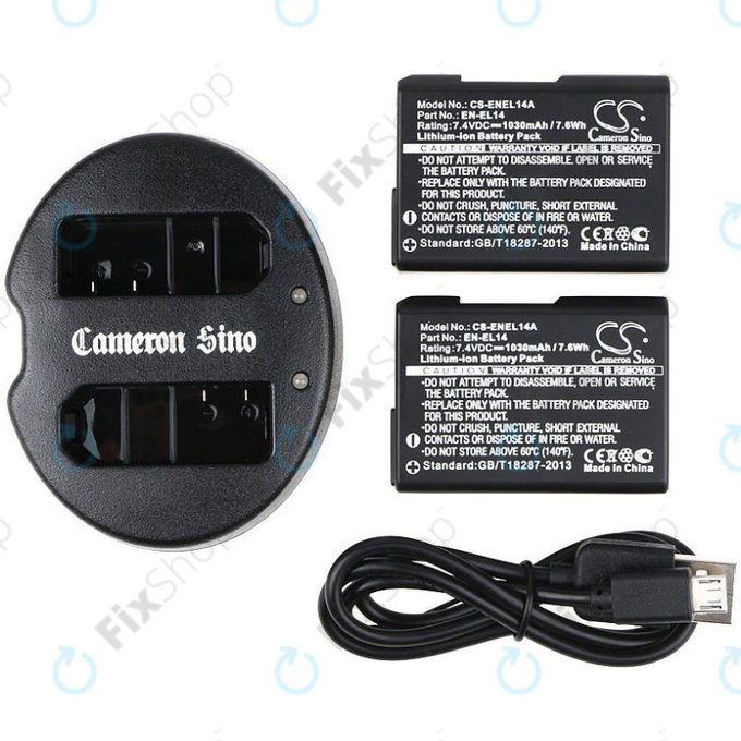 2 batteries avec chargeur pourNikon Coolpix P7000, P7700, D3100, D3200, D5100, 1030mAh, Li-Ion, 7.4V, EN-EL14, HQ