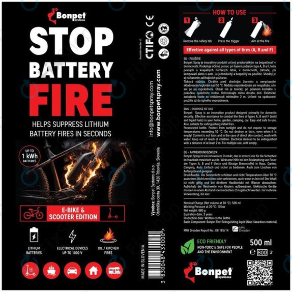 Bonpet Spray extincteur pour batteries au lithium, 500 ml, E-Bike & Scooter Edition
