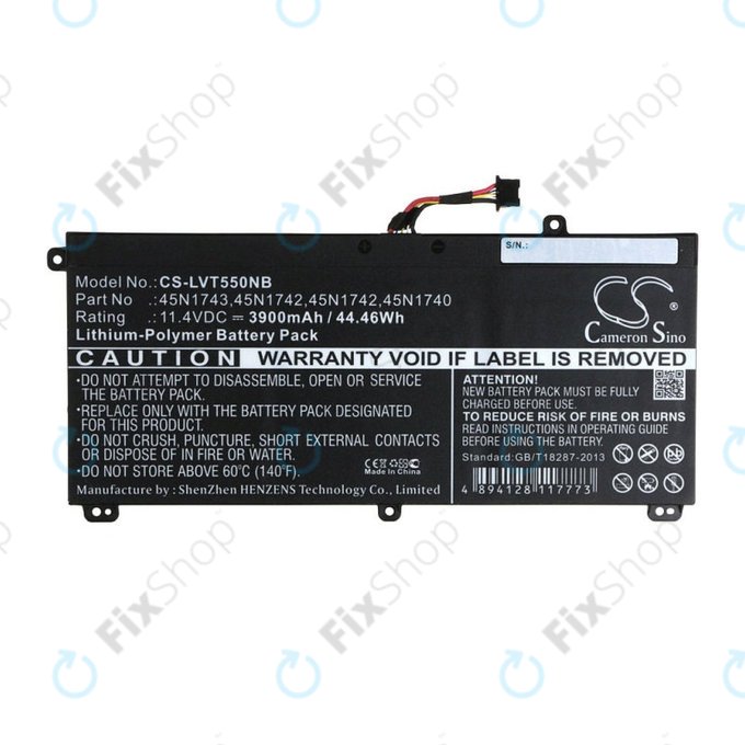 Batterie pour Lenovo ThinkPad T550, T560, W550, 3900mAh, Li-Pol, 11.4V, 45N1743, HQ