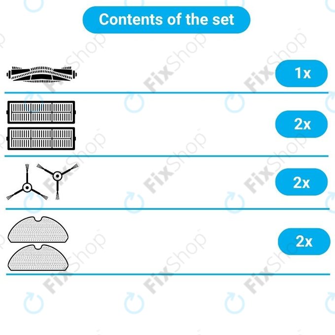 Kit de pièces de rechange pour Xiaomi Viomi V3 MAX (1x Brosse principale, 2x Filtres, 2x Brosses latérales, 2x Lingettes de lavage)