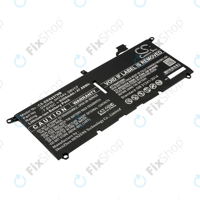 Batterie pour Dell XPS 13 9370, 6300mAh, Li-Ion, 7.6V, DXGH8, HQ