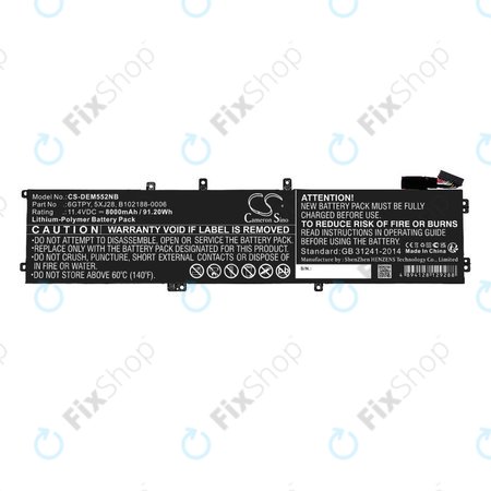 Batterie pour Dell XPS 15, Dell Precision 9560, 9570, 8000mAh, Li-Pol, 11.4V, 6GTPY, HQ
