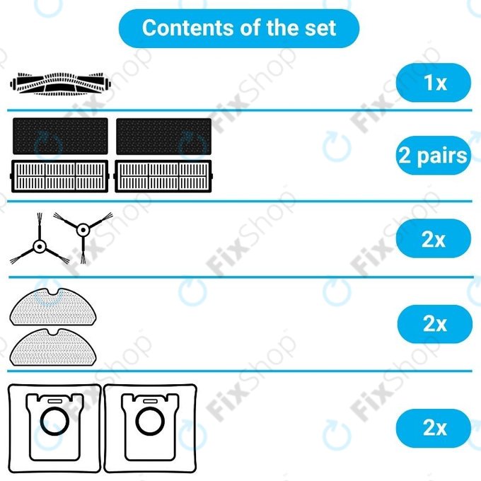 Kit de pièces de rechange pour Xiaomi Viomi S9, Proscenic M7 Pro, M7 Max, M8 Pro (1x Brosse principale, 2x Filtre, 2x Brosse latérale, 2x Chiffon de vadrouille, 2x Sacs à poussière)