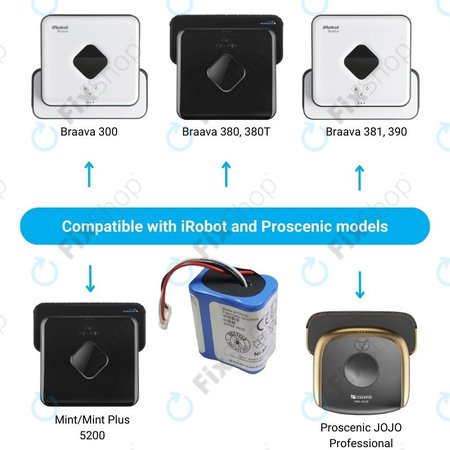 iRobot Braava 2000, 300, 380, 380T, 381, 390, Mint 5200, Mint Plus 5200, Proscenic JOJO Professional - Batterie GPRHC202N026, 4409709, W206001001399 Ni-MH 2500mAh