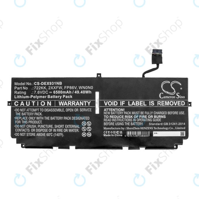 Batterie pour Dell XPS 13 9300, 9380, 9310, 6500mAh, Li-Pol, 7.6V, 2XXFW, HQ