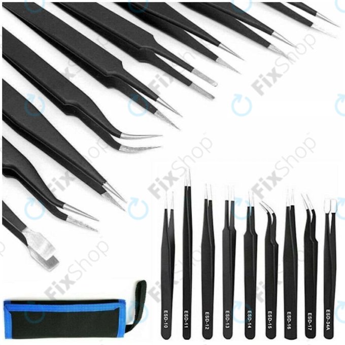 ESD Jeu de pinces à épiler antistatiques en acier inoxydable 9 en 1