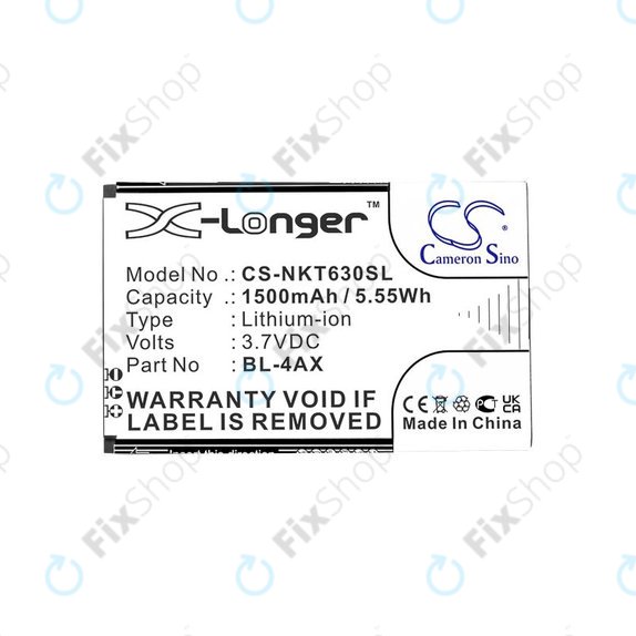 Batterie pour Nokia 6300 4G, Nokia 8000 4G, 1500mAh, Li-Ion, 3.7V, BL-4AX, HQ