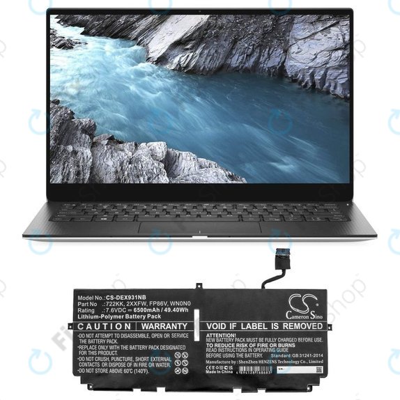 Batterie pour Dell XPS 13 9300, 9380, 9310, 6500mAh, Li-Pol, 7.6V, 2XXFW, HQ