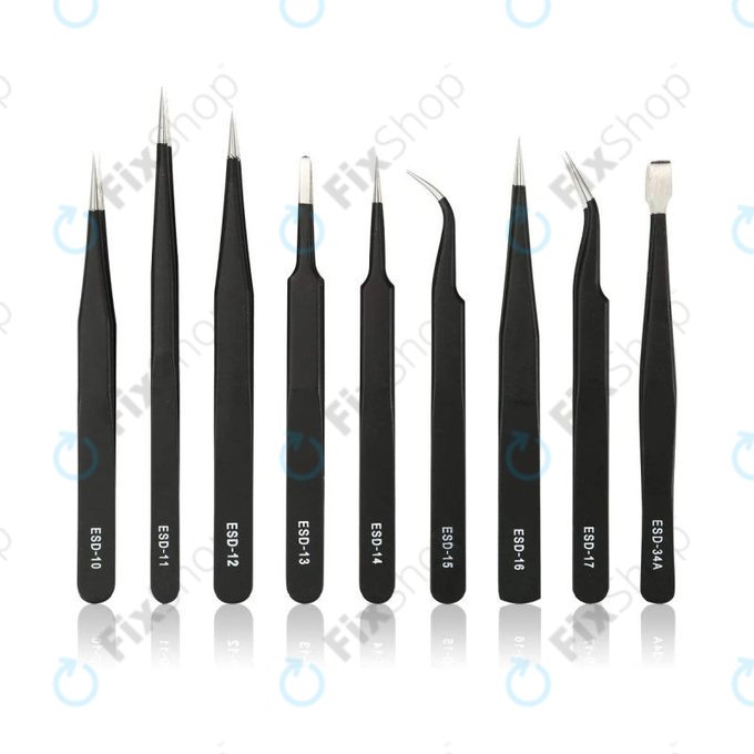 ESD Jeu de pinces à épiler antistatiques en acier inoxydable 9 en 1