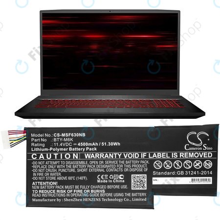 Batterie pour MSI GF63, MSI GF75, MSI GS63, 4500mAh, Li-Pol, 11.4V, BTY-M6K, HQ