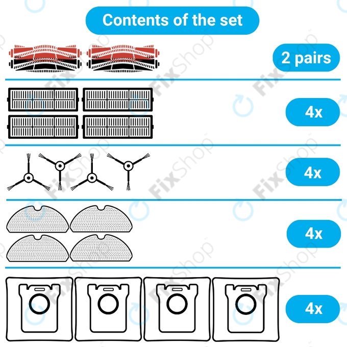 Kit de pièces de rechange pour Xiaomi Roborock S8, S8+, S8 Pro Ultra (2 paires de brosses principales, 4x Filtre, 4x Brosse latérale – noire, 4x Chiffon de vadrouille, 4x Sac à poussière)