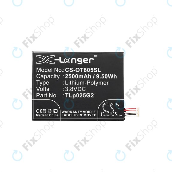 Batterie pour Alcatel One Touch Pixi 8", 2500mAh, Li-Pol, 3.8V, TLp025G2, HQ