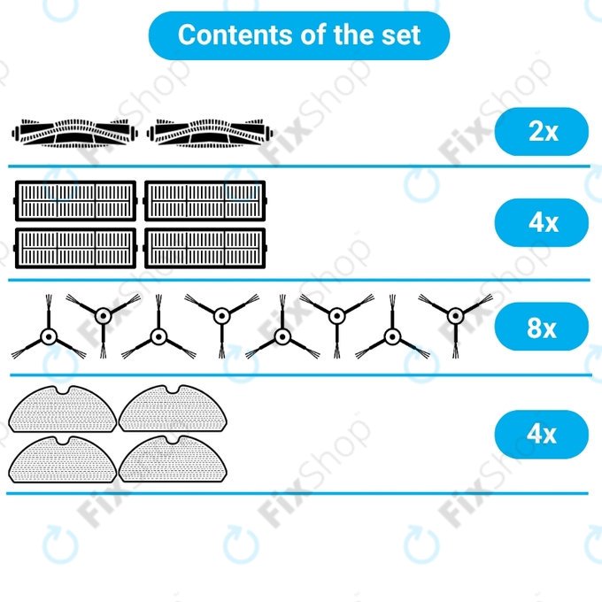 Kit de pièces de rechange pour Rowenta Explorer s60 (2x Brosse principale, 4x Filtre, 8x Brosse latérale, 4x Chiffon de vadrouille)