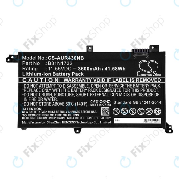 Batterie pour Asus VivoBook S14, S430FA, 3600mAh, Li-Ion, 11.55V, B31N1732, HQ