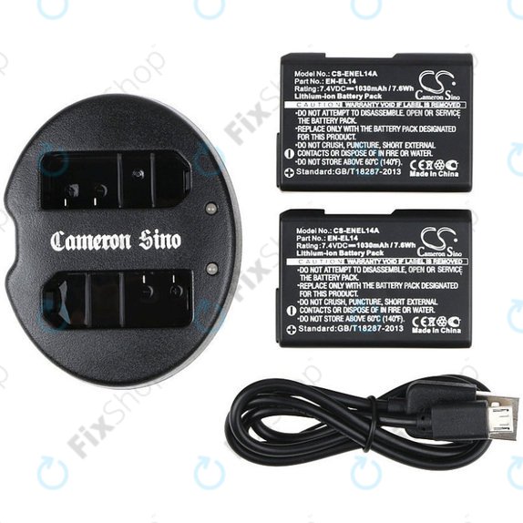 2 batteries avec chargeur pourNikon Coolpix P7000, P7700, D3100, D3200, D5100, 1030mAh, Li-Ion, 7.4V, EN-EL14, HQ
