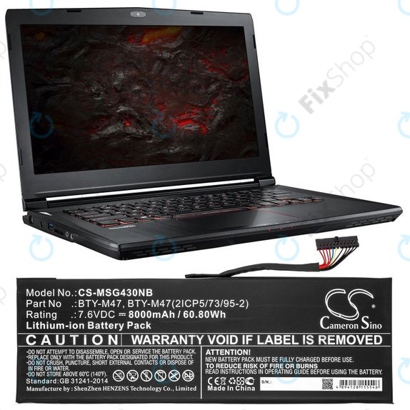 Batterie pour MSI GS40, GS43, MS14, 8000mAh, Li-Ion, 7.6V, BTY-M47, HQ