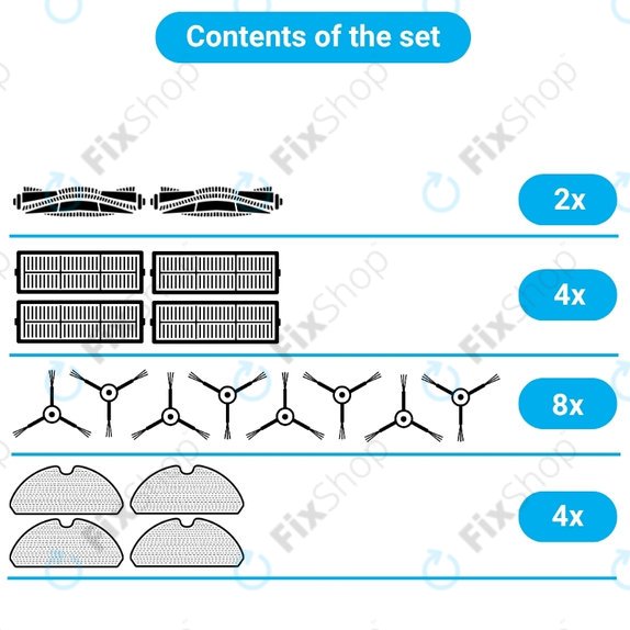Kit de pièces de rechange pour Tesla IQ400, IQ400 Plus, Sencor 6485BK (2x Brosse principale, 4x Filtre, 8x Brosse latérale, 4x Chiffon de vadrouille, 4x Sac à poussière)