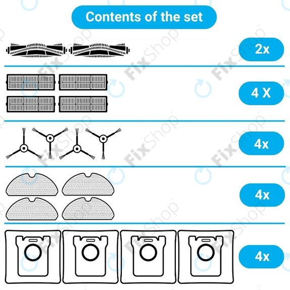 Kit de pièces de rechange pour Xiaomi Viomi Alpha 2 PRO, V5 PRO, V5 (2x Brosses principales, 4x Filtres, 4x Brosses latérales, 4x Lingettes de lavage, 4x Sacs à poussière)