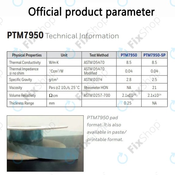 Pad thermique Honeywell PTM7950, 80 × 40 × 0.25mm