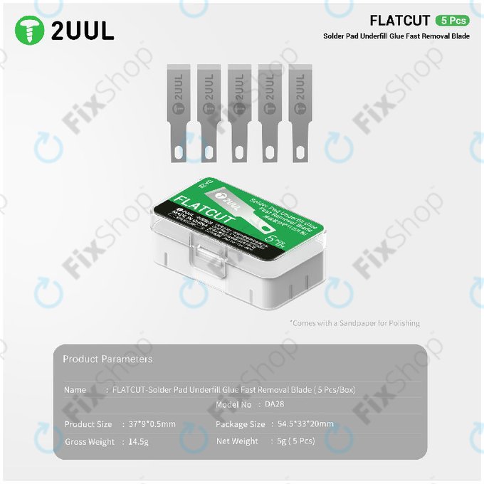 Lames pour retrait de colle Underfill, coupe plate, 2UUL DA28, 5 pcs/pack