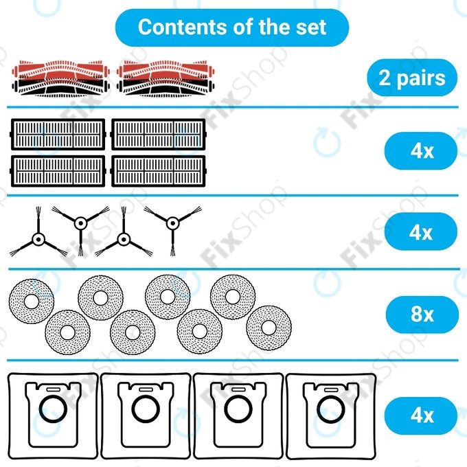 Kit de pièces de rechange pour Dreame X50 Ultra, L50 Ultra, L40s Ultra, L40s Pro Ultra, X50 Master, Mova V50 (2 pairs of Main brushes, 4x Filter, 4x Side brush, 8x Mop cloth, 4x Dust bag)